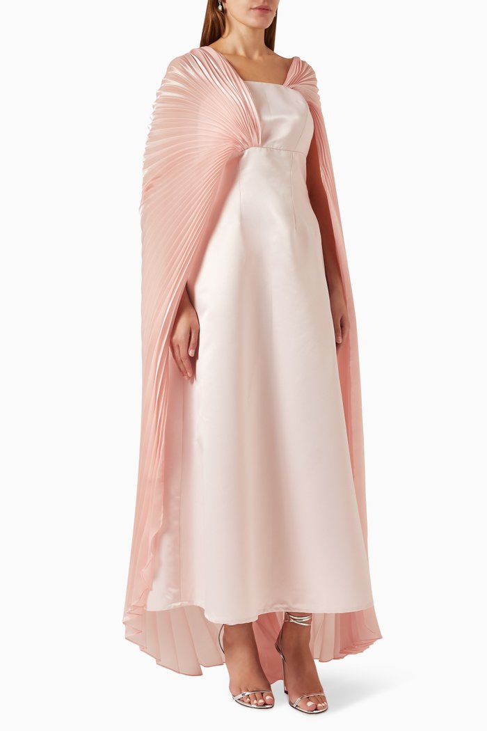 

Pleated Cape Maxi Dress in Organza, Pink