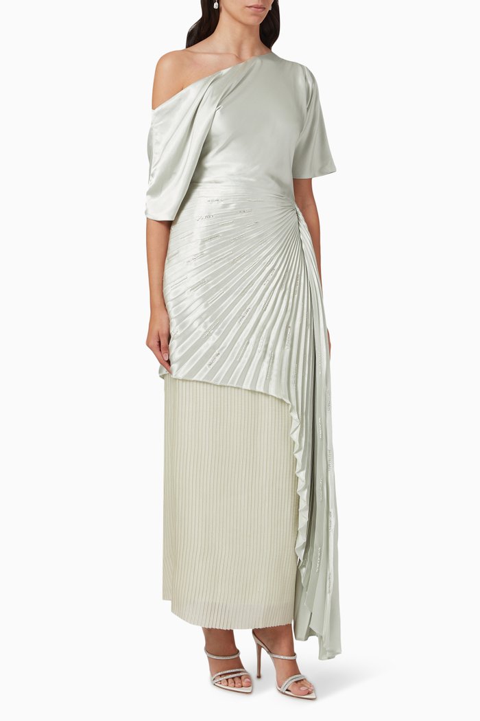 

One-shoulder Pleated Maxi Dress in Satin, Green