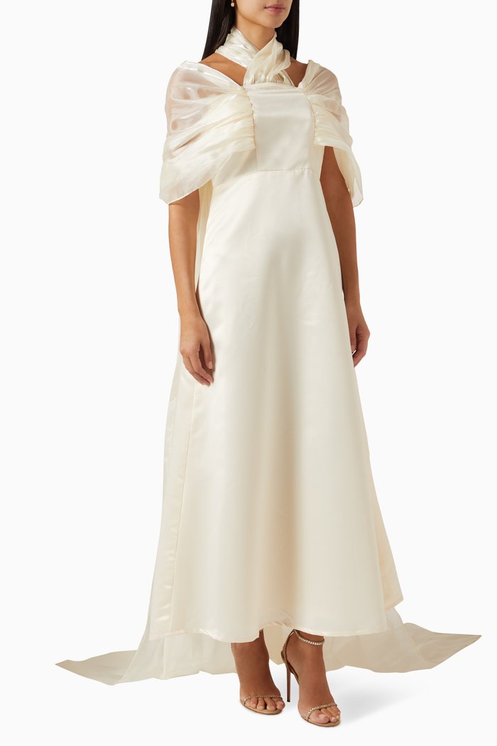 

Crushed Cape Maxi Dress in Satin, Neutral