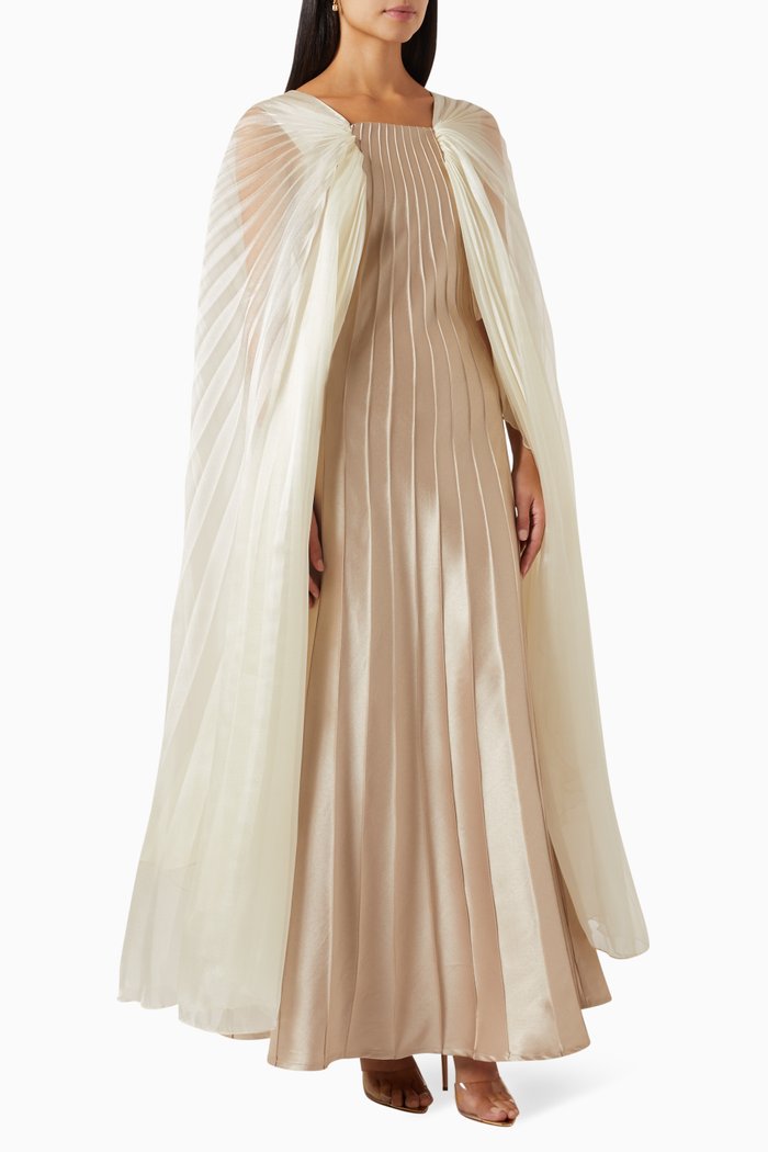 

Pleated Cape Maxi Dress in Satin, Gold