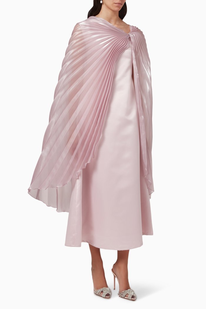 

Pleated Cape Midi Dress in Satin & Organza, Pink