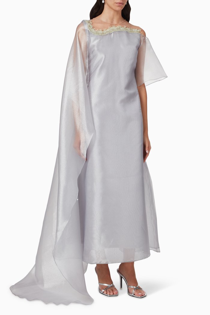 

Embellished Sheer Cape Maxi Dress in Organza, Silver