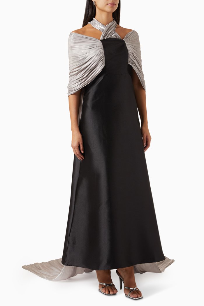 

Pleated Cape Maxi Dress in Satin, Black