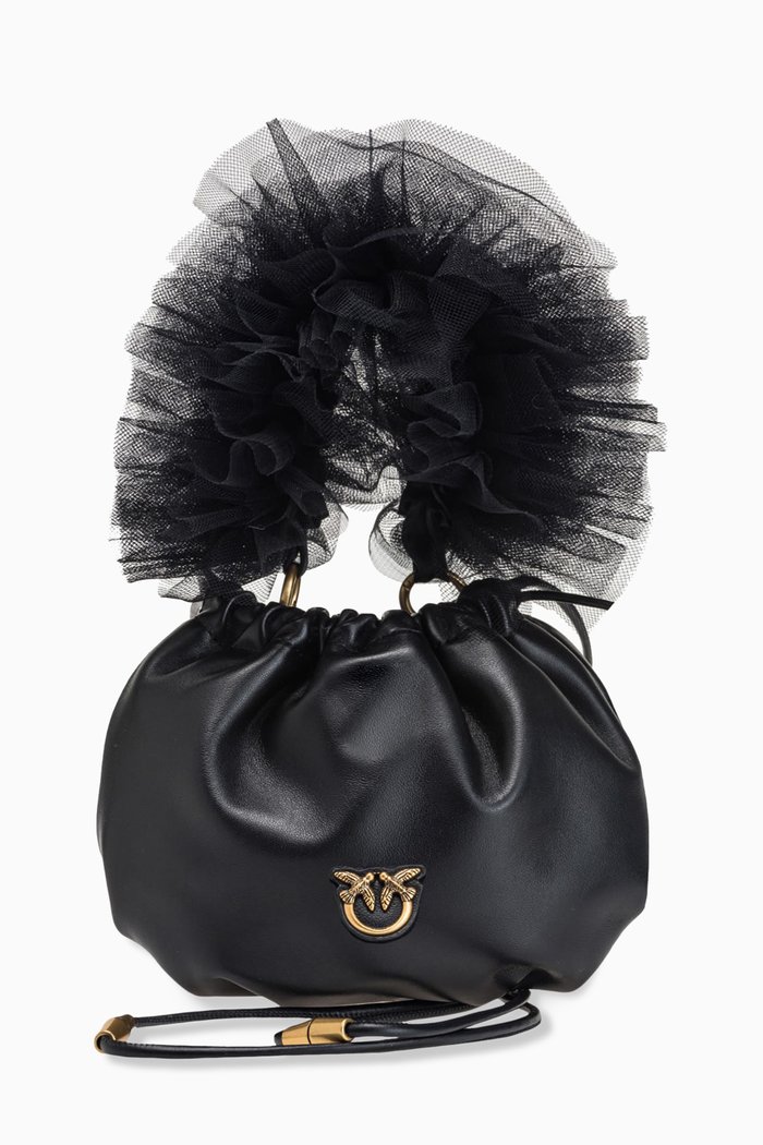 

Mini Tulle-handle Soft Pouch Bag in Nappa, Black