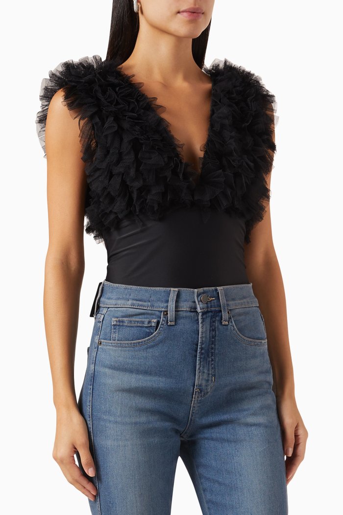 

Frilled Tulle Bodysuit in Crepe, Black