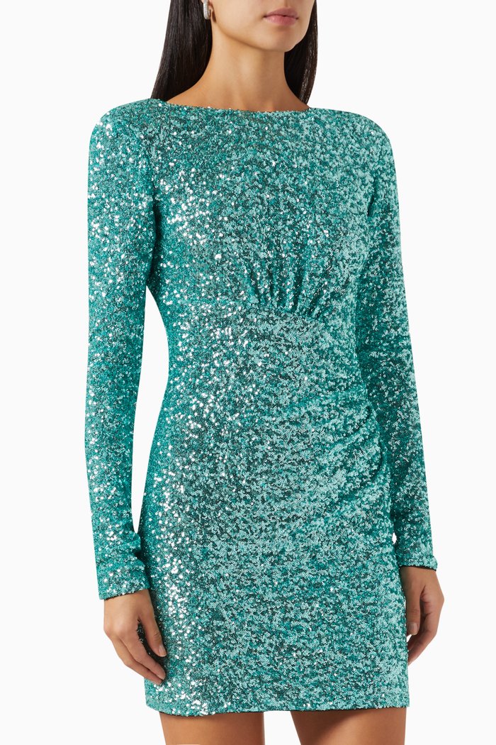 

Padded Shoulder Mini Dress in Sequin-embroidery, Green