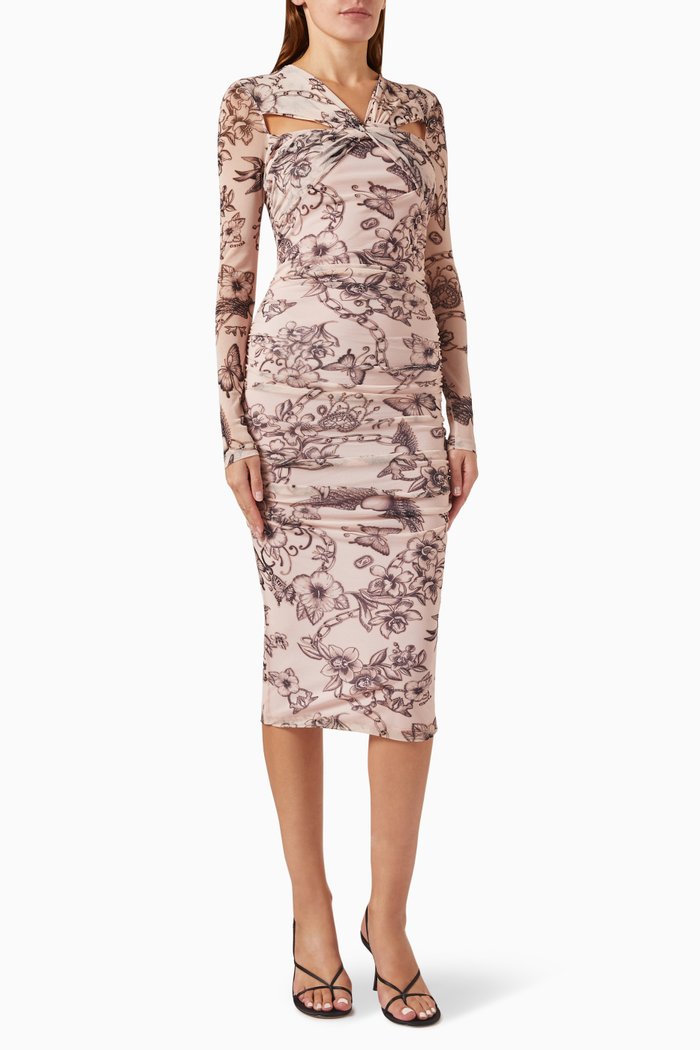 

Aderente Printed Midi Dress in Stretch Tulle, Neutral