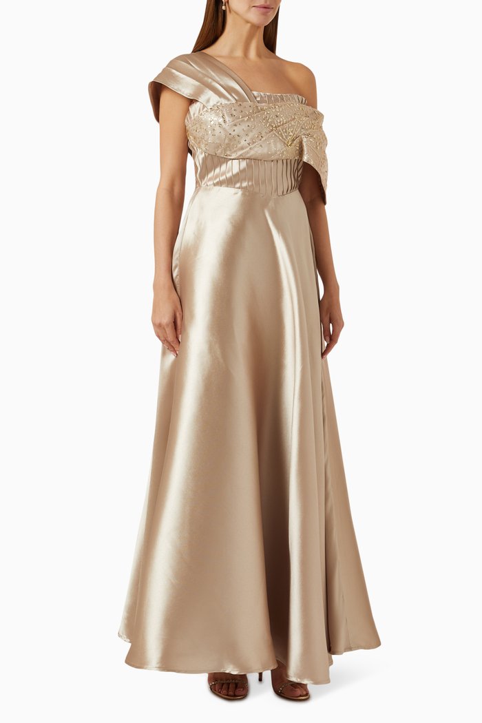 

One-shoulder Gown in Satin, Gold