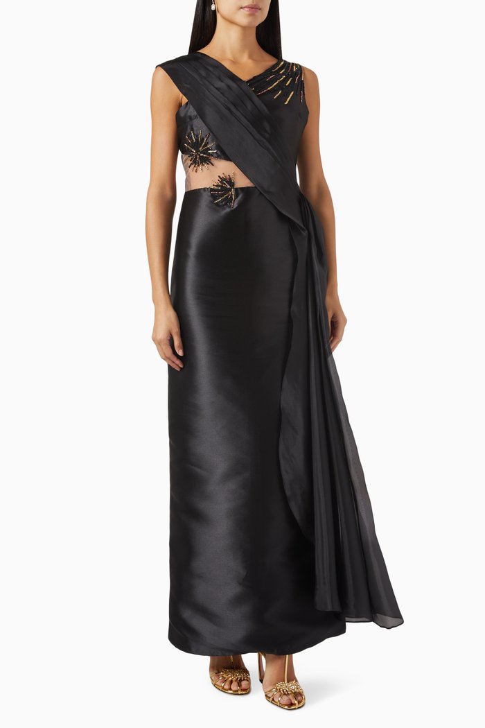 

Embroidered Gown in Satin, Black