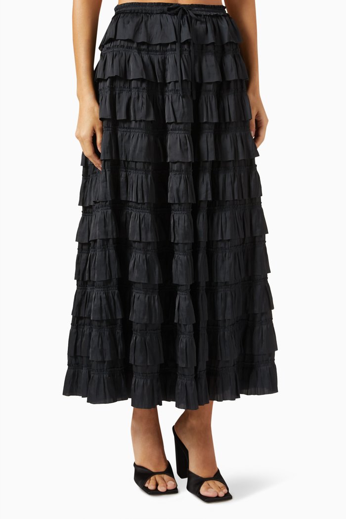 

Mari Ruffled Maxi Skirt in Plissé Satin, Black