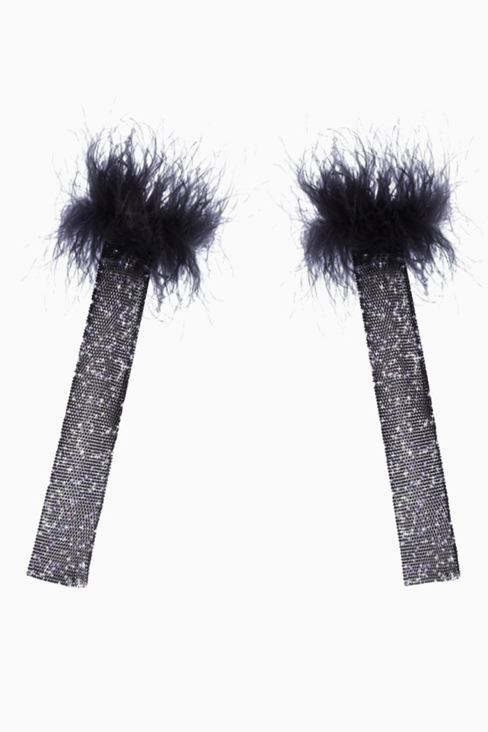 

Rhinestone-embellished Feather Gloves in Knit, Black