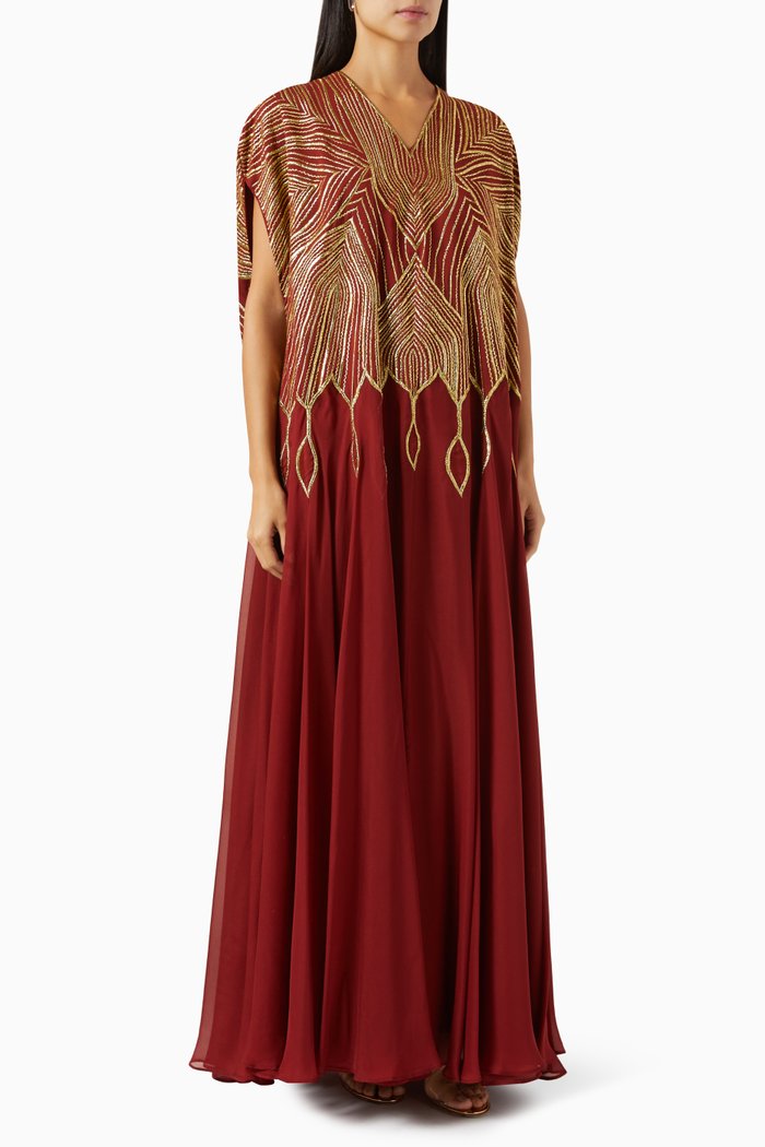 

Heavy Embellished Kaftan in Silk-crepe, Red