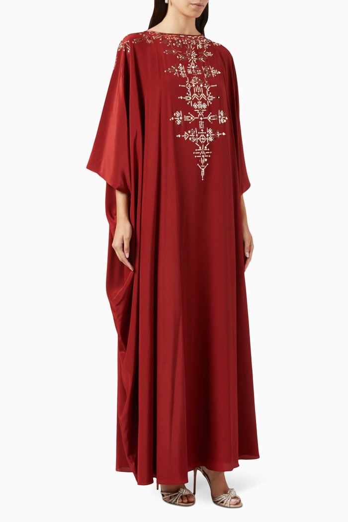 

Flowy Embroidered Kaftan in Silk-crepe, Red