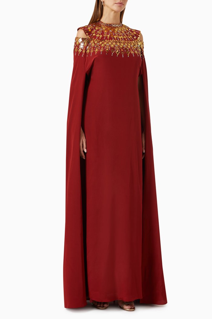 Embellished Cape Kaftan in Silk-crepe, Red