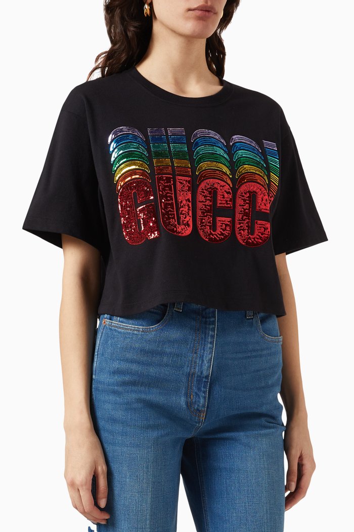 

Sequin-embellished Logo Crop T-shirt in Cotton-jersey, Black