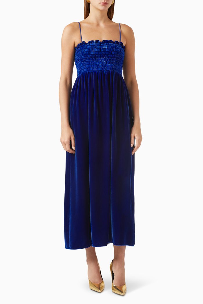 

Ruched Midi Dress in Velvet, Blue