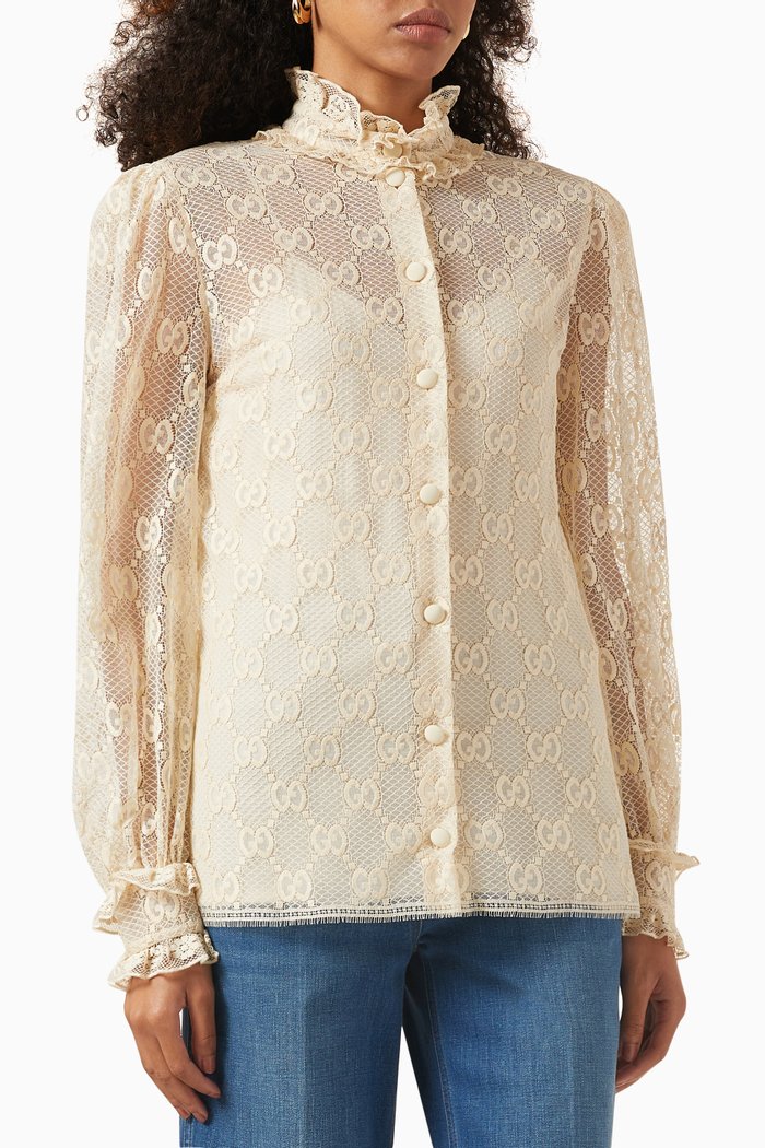 

GG Embroidered Shirt in Semi-sheer Lace, Neutral