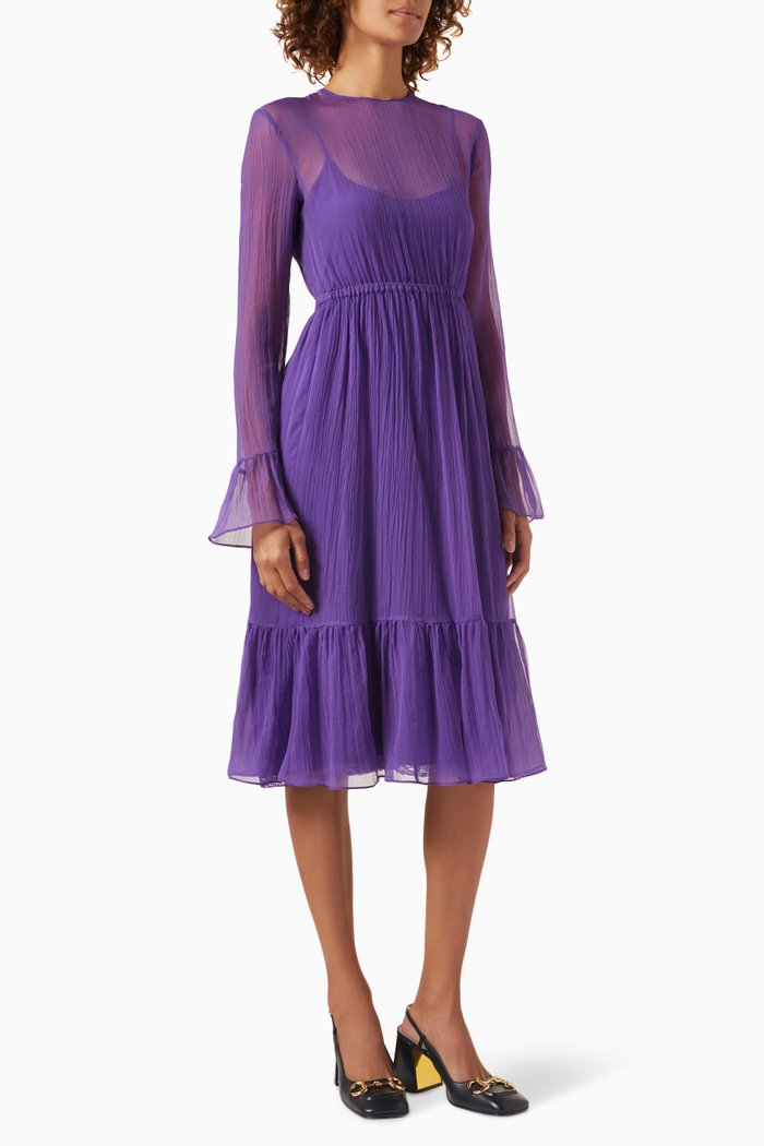 

Ruffled Midi Dress in Silk Chiffon, Purple
