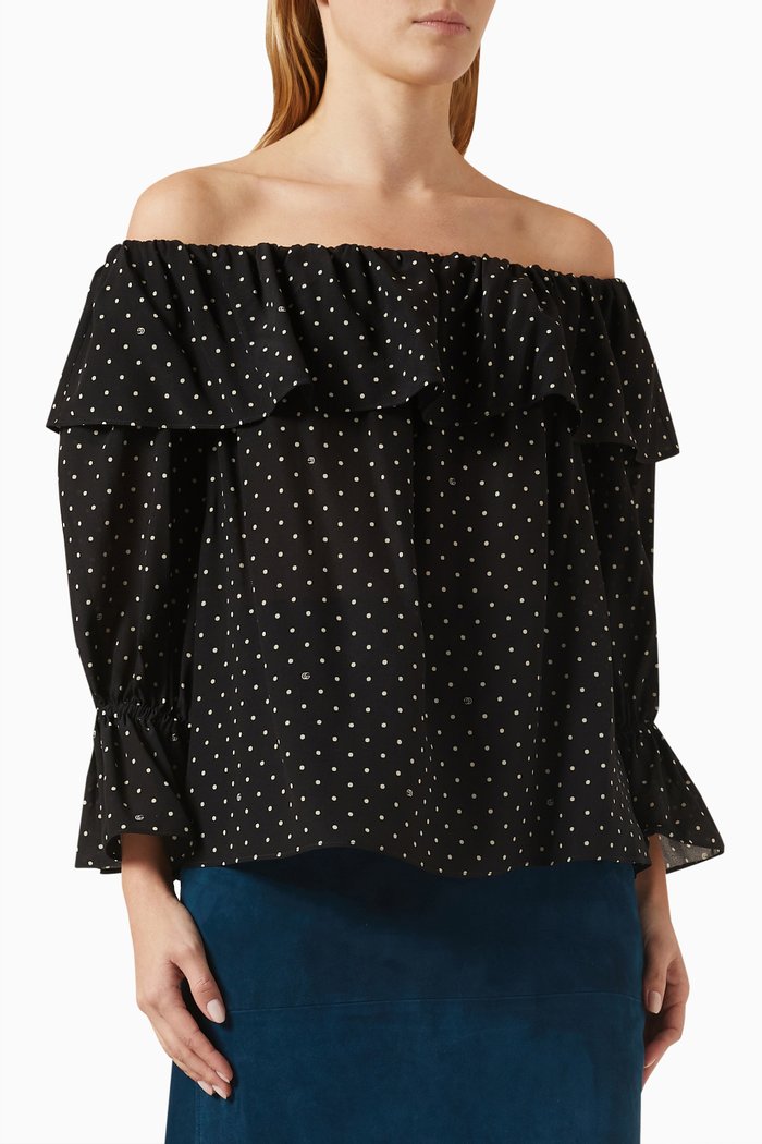 

Polka-dot & GG-print Off-shoulder Top in Silk, Black