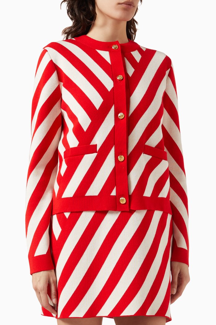 

Striped Jacquard Cardigan in Wool & Cotton-blend Knit, Red
