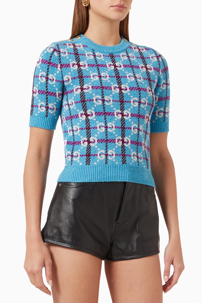 

GG Check Sweater in Jacquard Wool, Blue