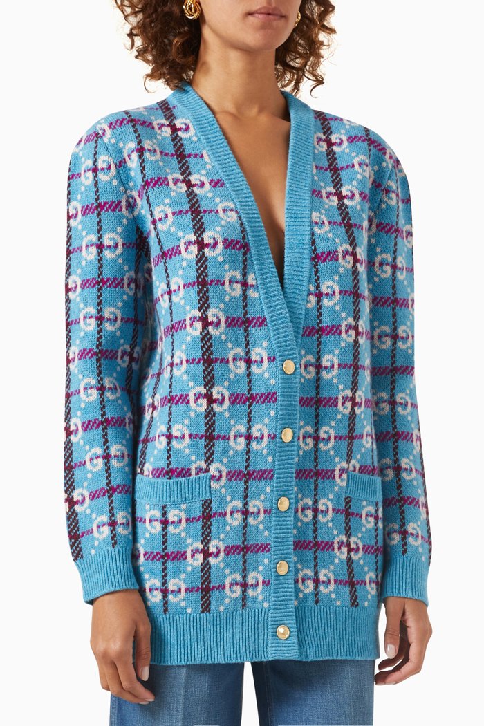 

GG Check V-neck Cardigan in Jacquard Wool, Blue