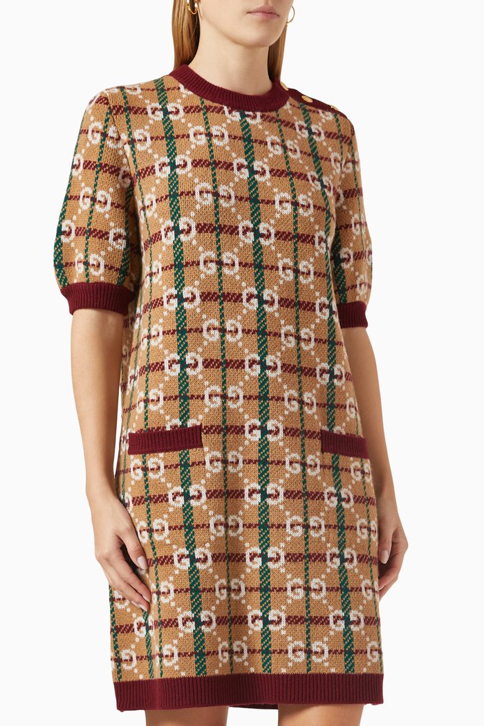 

GG Check Mini Dress in Wool, Brown