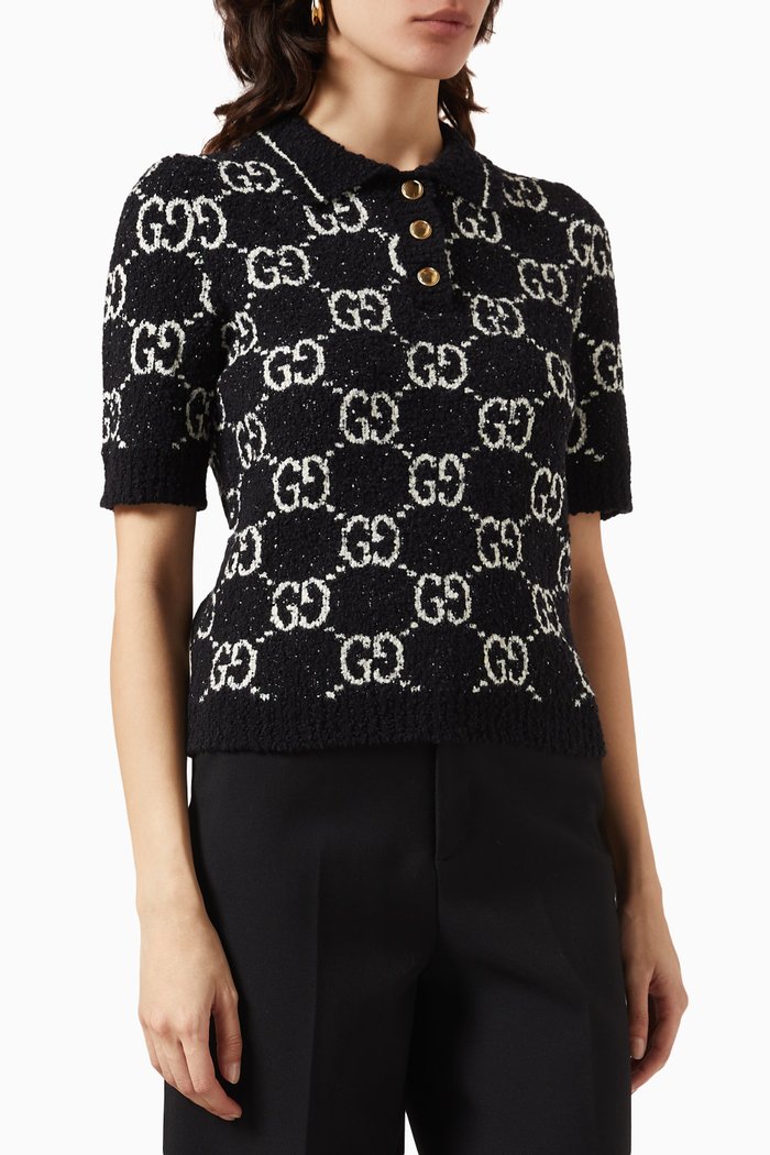 GG-motif Jacquard Polo Shirt in Cotton-knit, Black