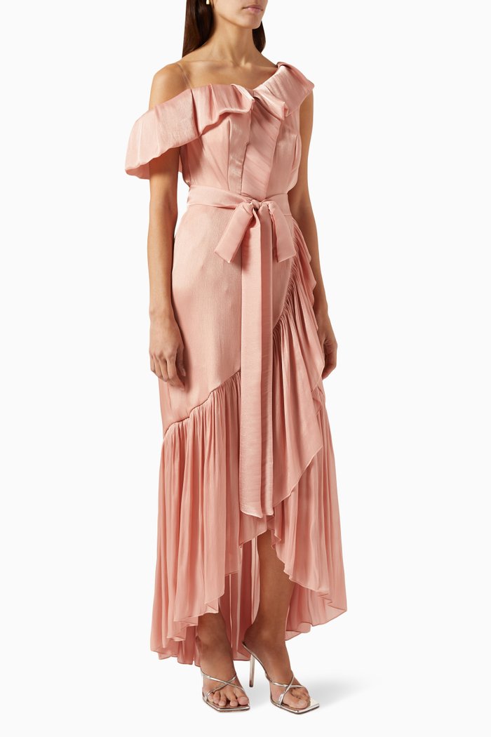 

Ruffled Asymmetrical Maxi Dress in Satin, Neutral