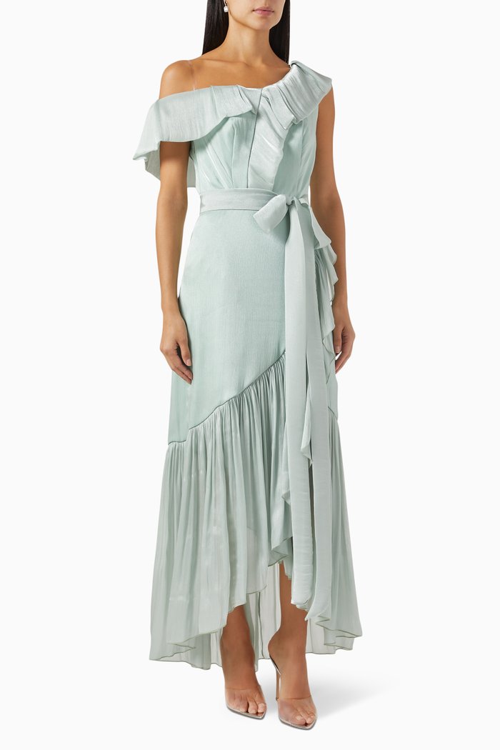 

Ruffled Asymmetrical Maxi Dress in Satin, Green