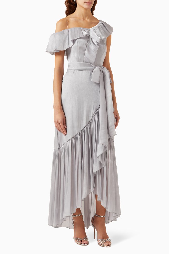 

Ruffled Asymmetrical Maxi Dress in Satin, Silver
