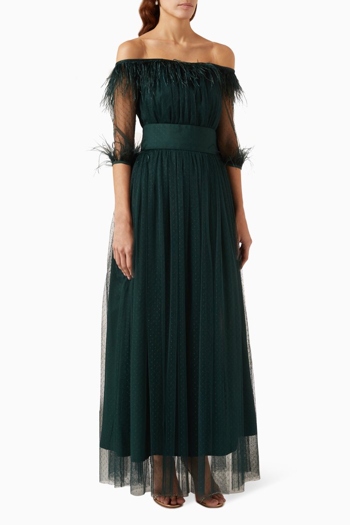 

Off-shoulder Feather-trim Maxi Dress in Tulle, Green