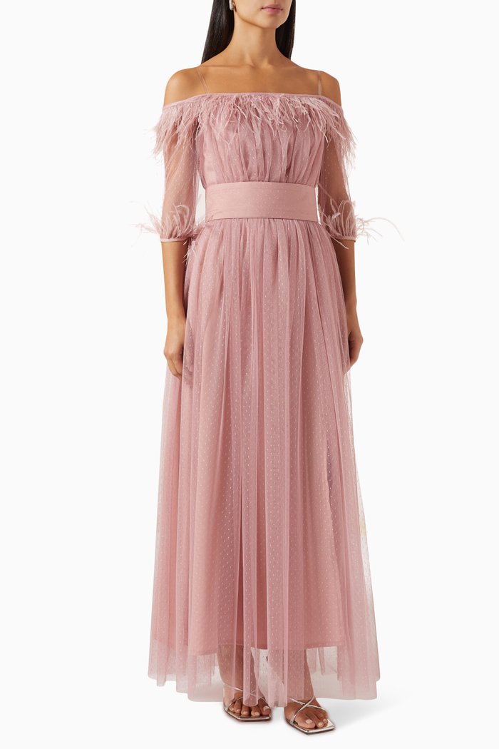 

Off-shoulder Feather-trim Maxi Dress in Tulle, Pink