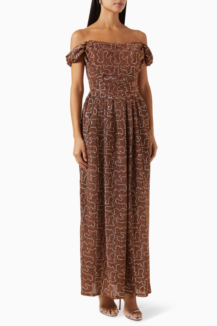 

Embellished Off-shoulder Maxi Dress in Lurex, Orange