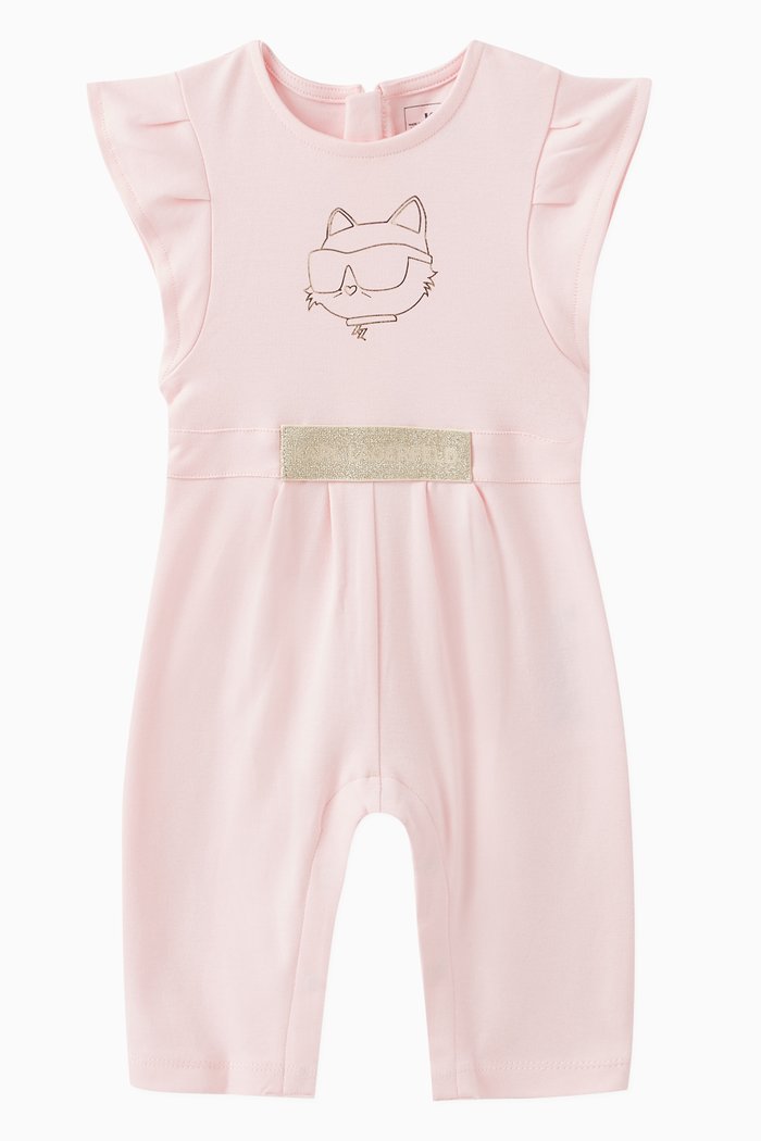 Ruffled Short Sleeved Romper in Cotton, Pink