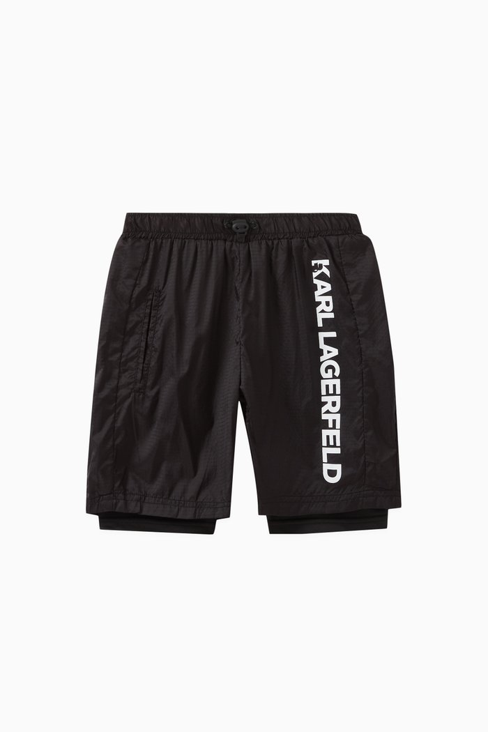 Logo Print Swim Shorts in Nylon Stretch, Black
