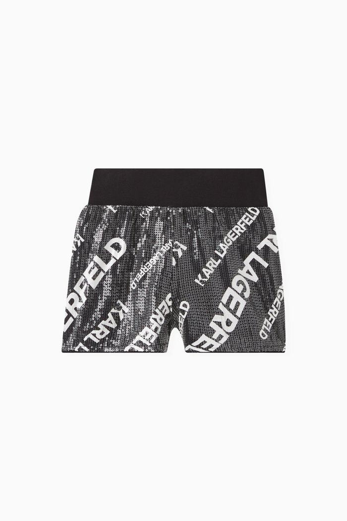 Logo Print Sequin Shorts in Rayon, Black