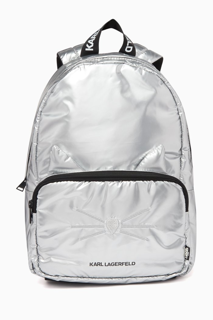 

Kitten Embroidery Backpack in Glossy Canvas, Silver