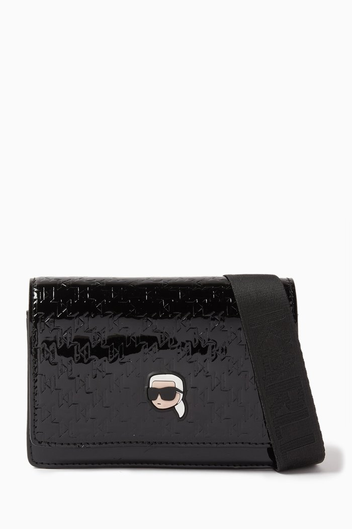 

Karl Monogram Crossbody Bag in Faux Patent Leather, Black