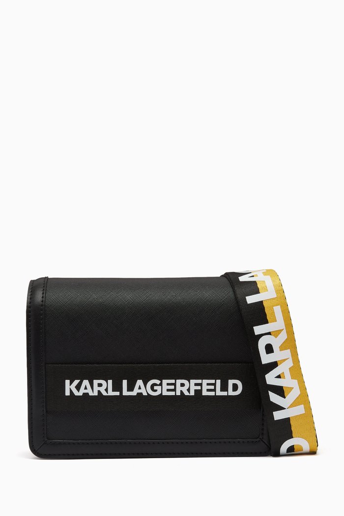 

Contrast Color Logo Strap Shoulder Bag in Faux Leather, Black