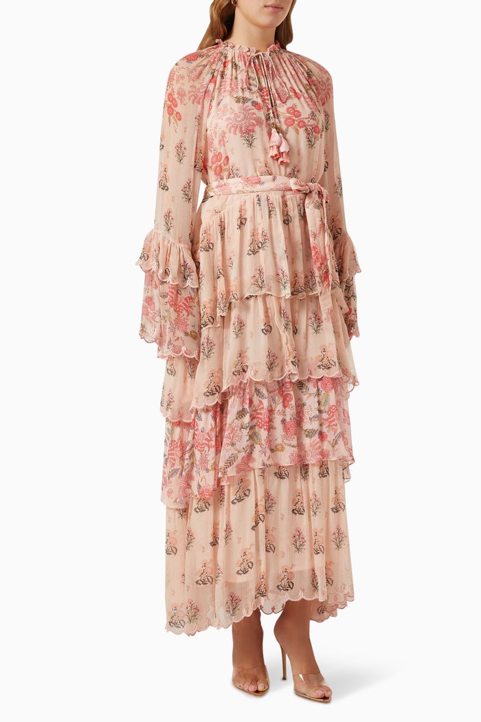 

Floral Ruffled Maxi Dress in Chiffon, Orange