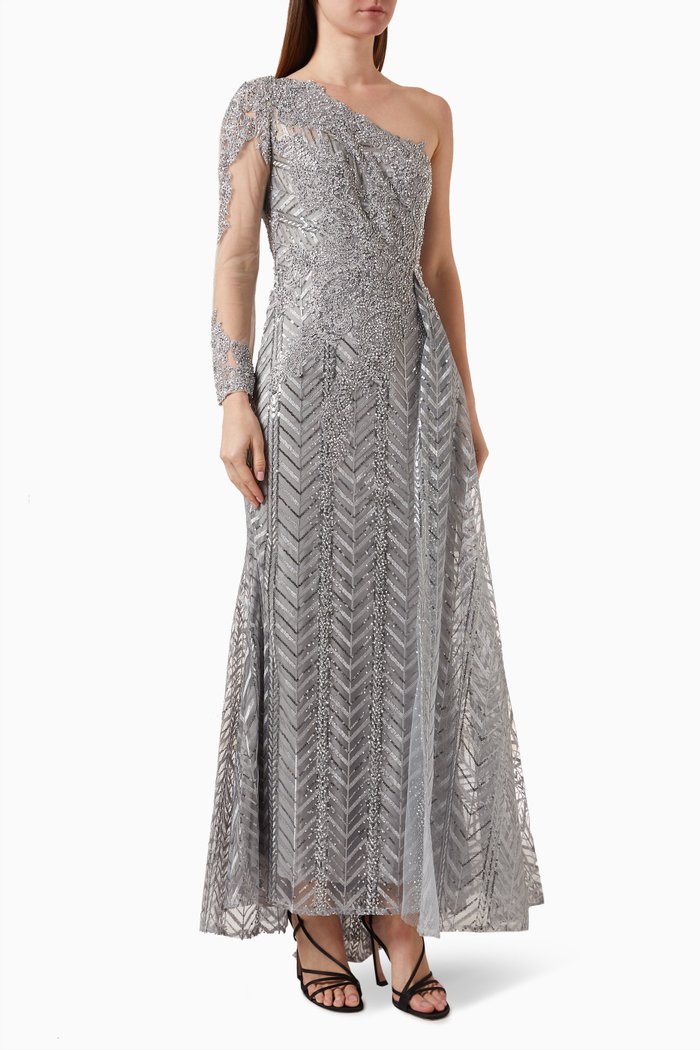 

One-shoulder Embellished Gown, Silver