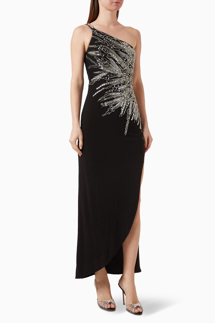 

One-shoulder Embellished Gown, Black