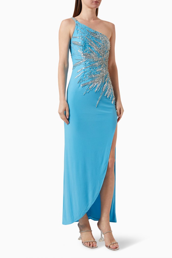 

One-shoulder Embellished Gown, Blue