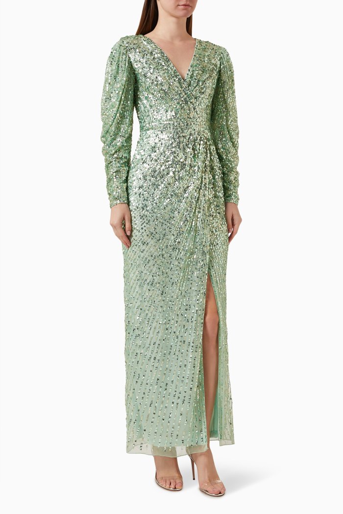 Sequinned Gown in Tulle, Green