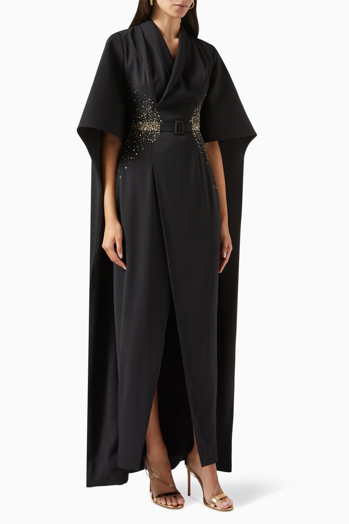 

Celia Cape Kimono Dress in Crepe & Organza, Black