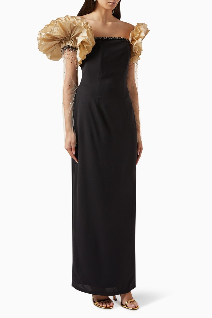 

Stella Ruffled Column Dress in Crepe & Organza, Black