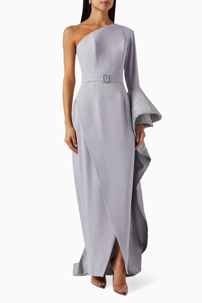 

Evie One-shoulder Maxi Dress in Silk-taffeta & Crepe, Silver