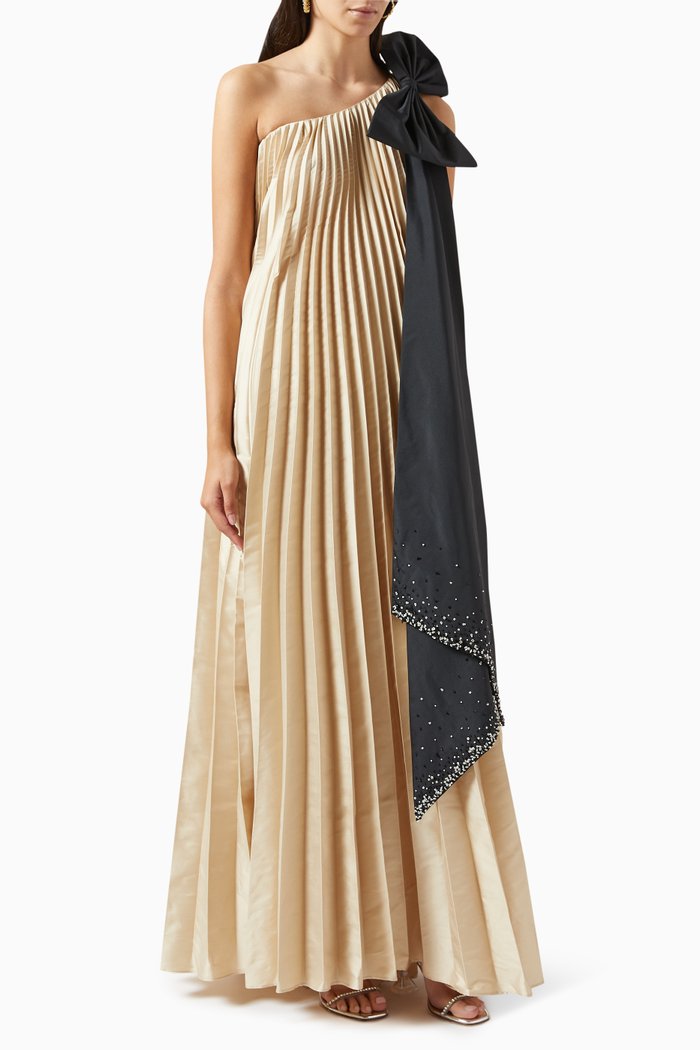 Sophie Bow Pleated Maxi Dress in Silk-taffeta & Crepe, Gold