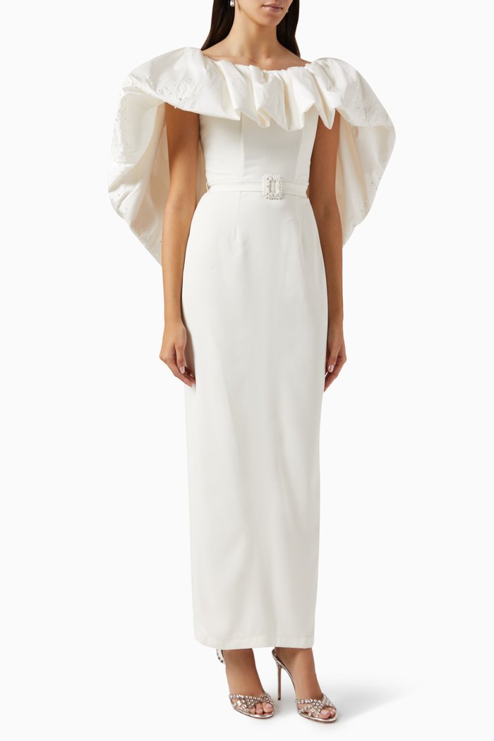 

Tilly Ruffled Cape Maxi Dress in Silk-taffeta & Crepe, White